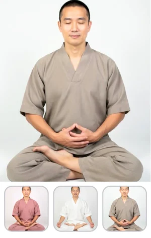 Man meditating in a beige robe, seated cross‑legged with thumbs touching in a mudra, eyes closed against a light background.