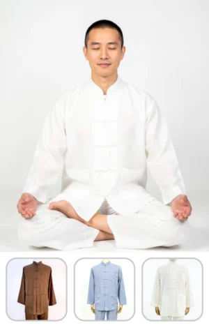Man sitting cross-legged in a white traditional Chinese martial arts uniform with eyes closed, meditating.