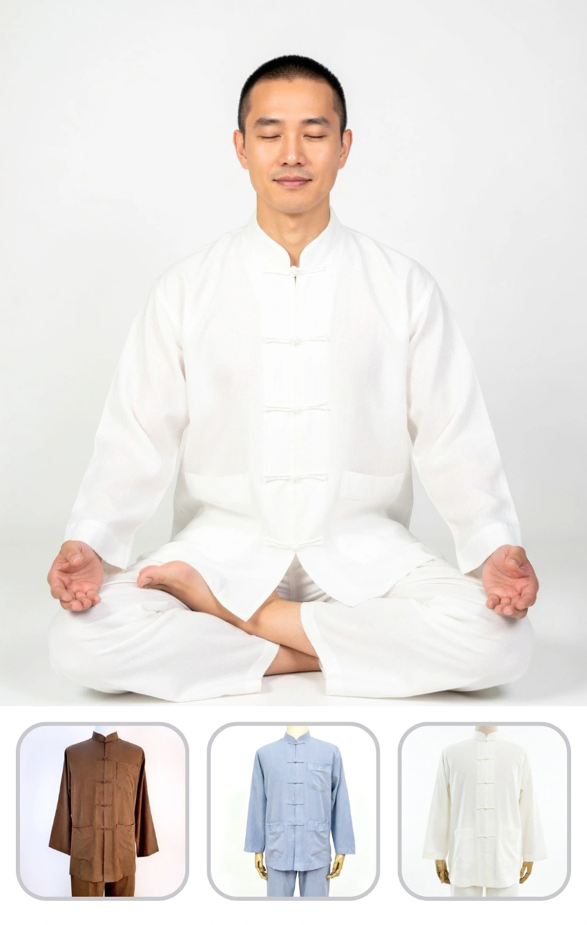 Man sitting cross-legged in a white traditional Chinese martial arts uniform with eyes closed, meditating.