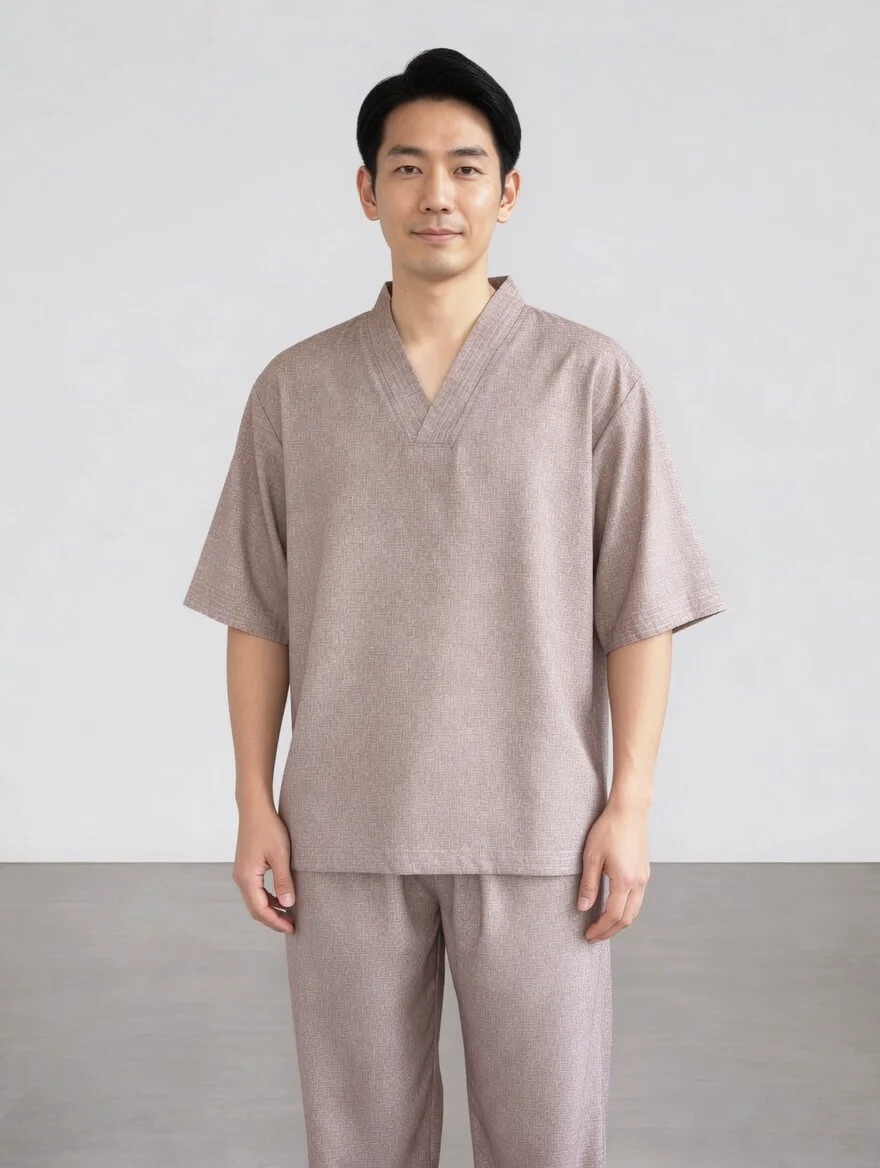 Pháp Phục Man in a beige loose fitting short sleeve tunic and matching pants standing indoors against a light gray wall