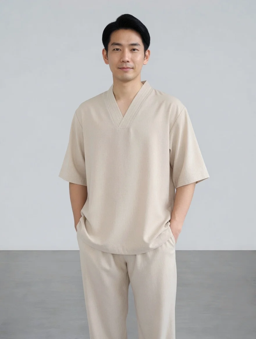 Phap-phuc-v-mau-kem - Pháp Phục Thiền Pháp Phục Asian man standing in a beige relaxed fit outfit with hands in pockets