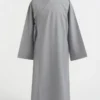 Long gray traditional wrap robe on a dress form, with crossed collar and tied sash at the side.
