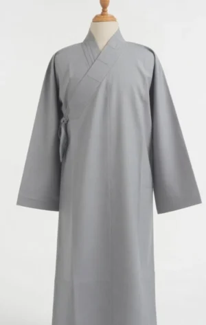 Pháp Phục Gray traditional robe with cross front wrap and tied sash on a mannequin