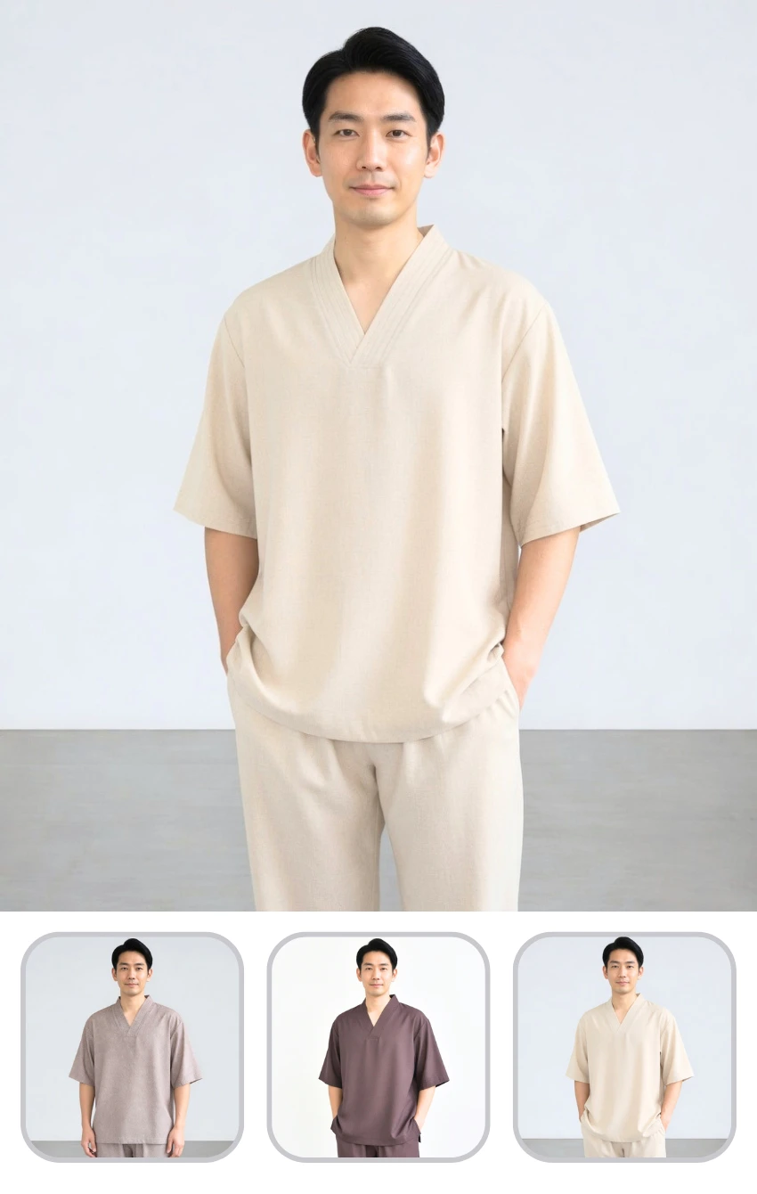 phap-phuc-thien-v-linen-an Man posing in a beige, loose-fitting loungewear set against a light gray background, hands in pockets.