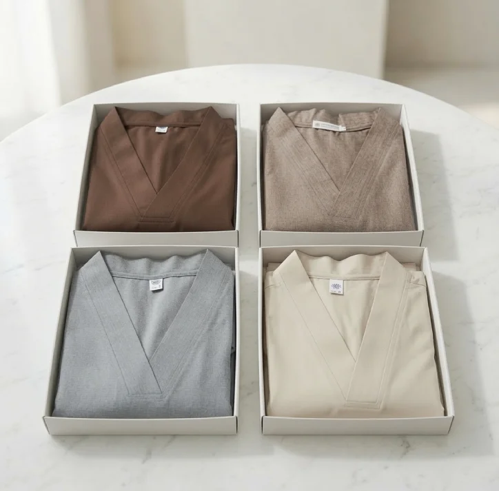 Pháp Phục Set of four folded robes in individual boxes on a white marble table brown taupe light gray and beige colors closest to each other in a grid layout