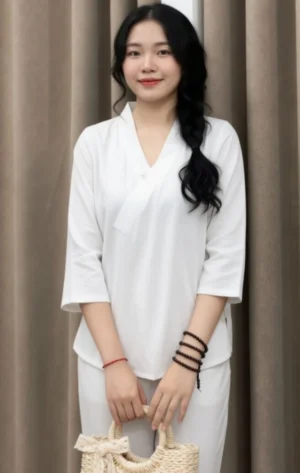 Pháp Phục Young woman with long black hair in a side braid wearing white holding a woven basket in front of tan curtains