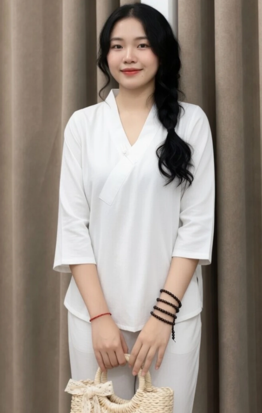 phap-phuc-mau-trang Young woman with long black hair in a side braid, wearing white, holding a woven basket in front of tan curtains.
