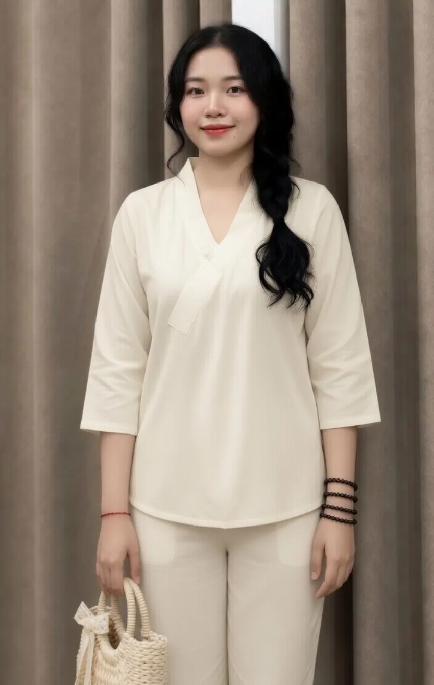 phap-phuc-nu-mau-trang-kem Young woman with long black hair in a side braid, wearing a white traditional top and pants, holding a woven straw bag.