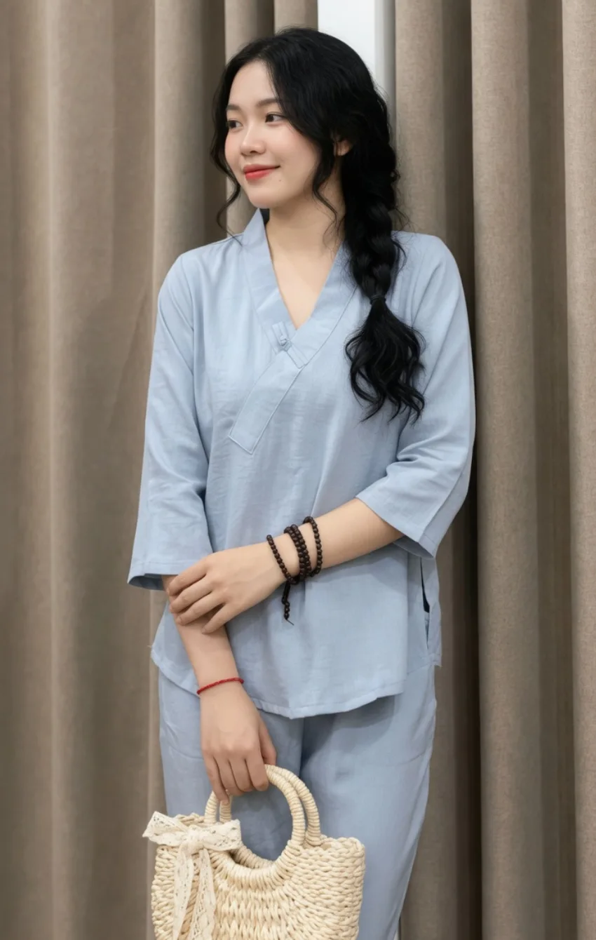 phap-phuc-nu-mau-xanh-ngoc-01 Woman in a light blue traditional-style outfit with a side braid, standing before beige curtains, holding a woven straw bag with a cream bow.