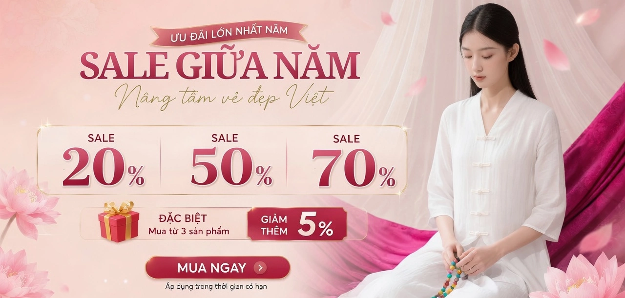 Pháp Phục Promotional banner announcing a mid year sale with 20 50 and 70 discounts woman in a white outfit sits on the right against a pink backdrop