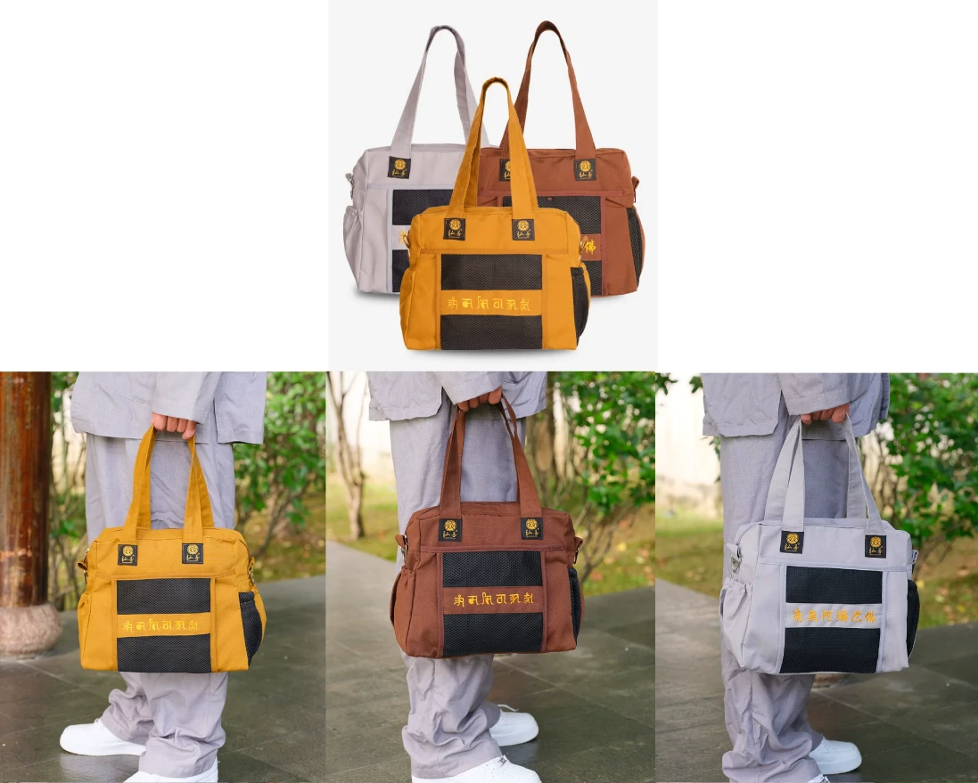 tui-hanh-huong-cho-phat-tu-di-chua - Pháp Phục Thiền Pháp Phục Collage of three color tote bagsyellow brown and graywith black front pockets and brand patches some shots show the bag carried by a person