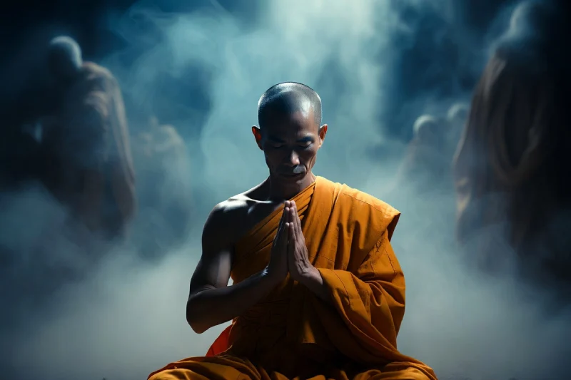 Pháp Phục Buddhist monk in orange robes meditating with hands pressed together in prayer amid foggy blue smoke