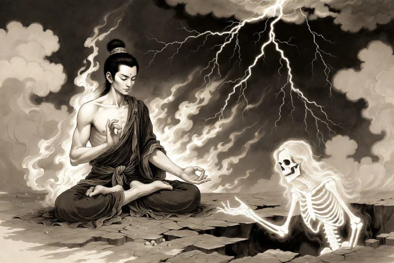 Pháp Phục A shirtless man sits crosslegged in meditation on cracked ground as a luminous aura swirls around him a skeletal figure rises from a fissure and reaches toward him under a stormy sky with lightning
