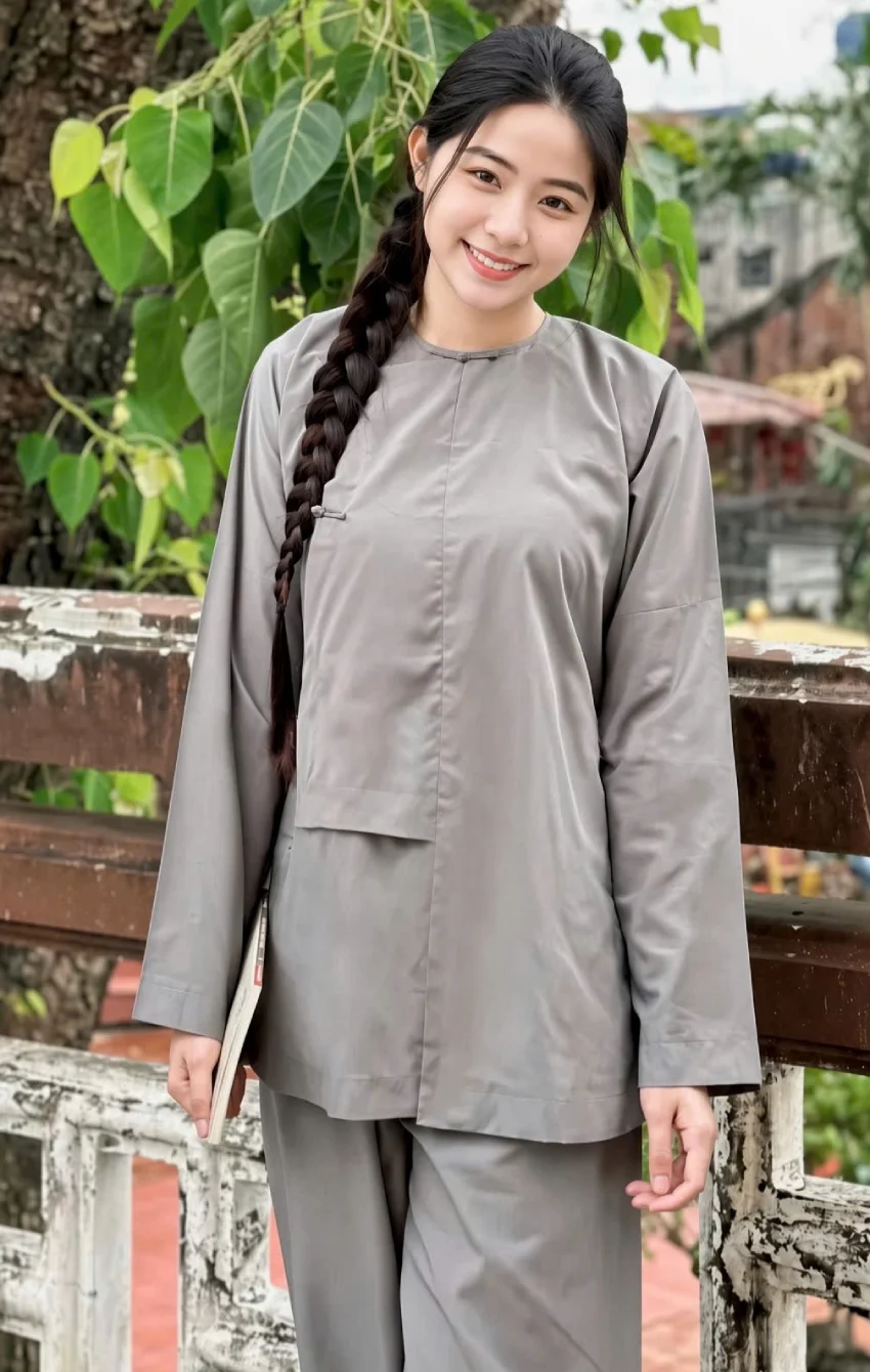 Pháp Phục Smiling woman with a long braid wearing a loose gray traditional tunic and matching pants standing beside a weathered railing with green plants in the background