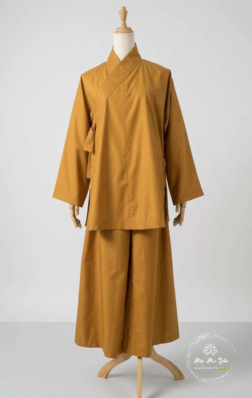 Pháp Phục Tan monks robe with wrap front top and wide leg pants displayed on a mannequin